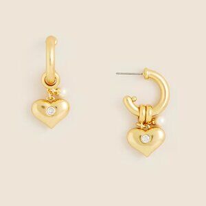NEW JCrew pearl and crystal heart charm hoop gold earrings